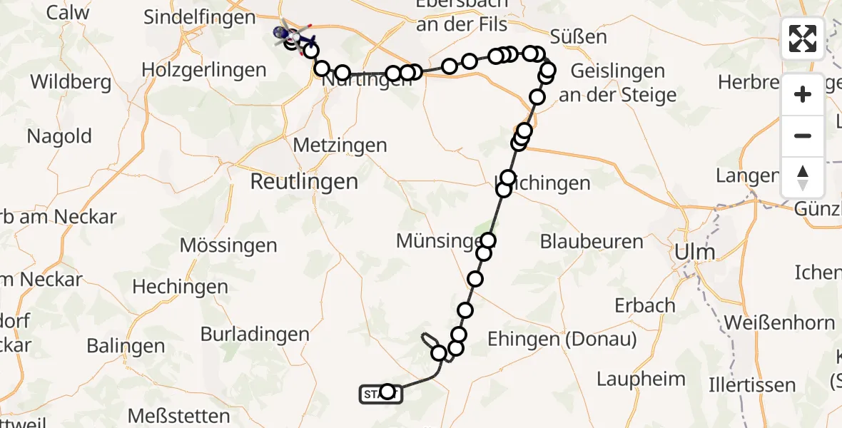 Flugroute Polizeihubschrauber Langenenslingen - Flughafen Stuttgart, 06 September 2026, 17:55