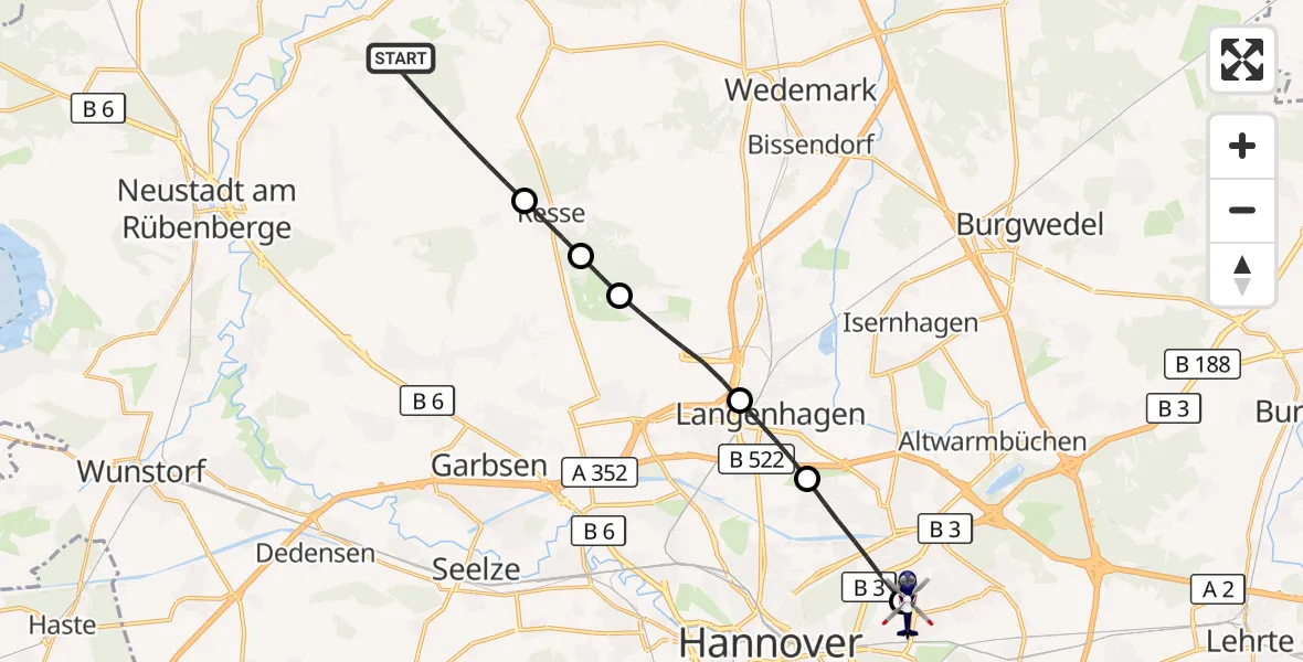 Flugroute Polizeihubschrauber Neustadt am Rübenberge - Hannover Luftrettung Hubschrauberlandeplatz (Christoph 4), 06 September 2026, 18:03