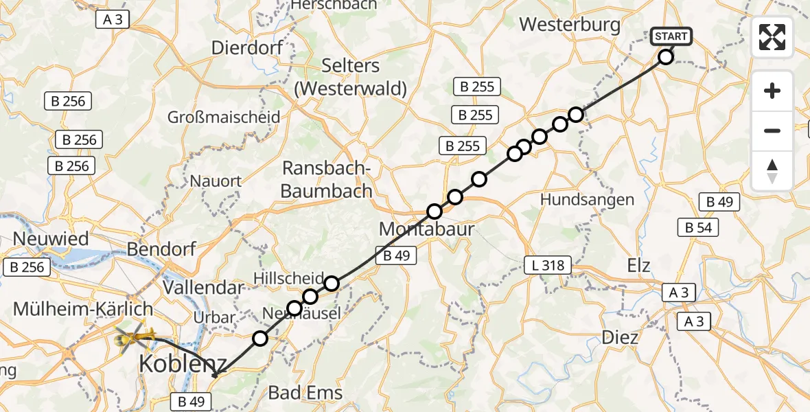 Flugroute Rettungshubschrauber Irmtraut - Koblenz, 06 September 2026, 18:05