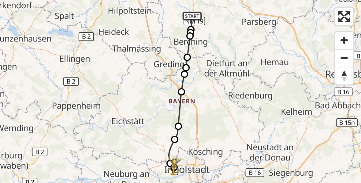 Flugroute Rettungshubschrauber Mühlhausen - Ingolstadt Hospital, 06 September 2026, 18:16