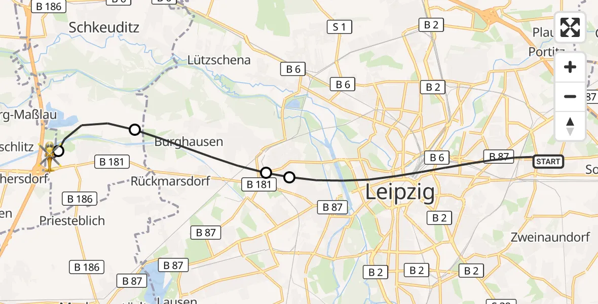 Flugroute Rettungshubschrauber Leipzig - ADAC Air Rescue Station Leipzig/Schkeuditz-Dölzig Hubschrauberlandeplatz (Christoph 61), 06 September 2026, 18:20
