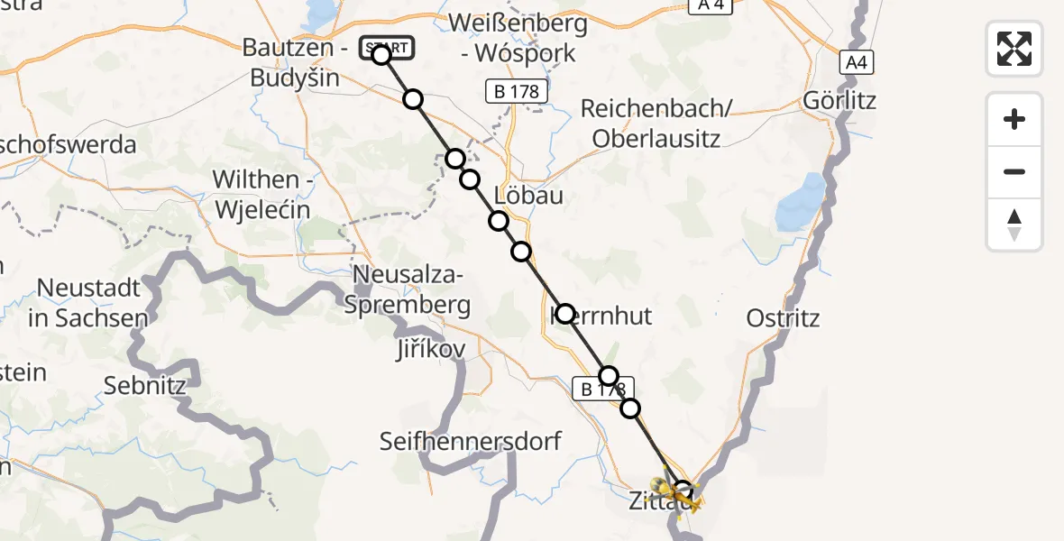 Flugroute Rettungshubschrauber Bautzen Flugplatz - Zittau, 06 September 2026, 18:30