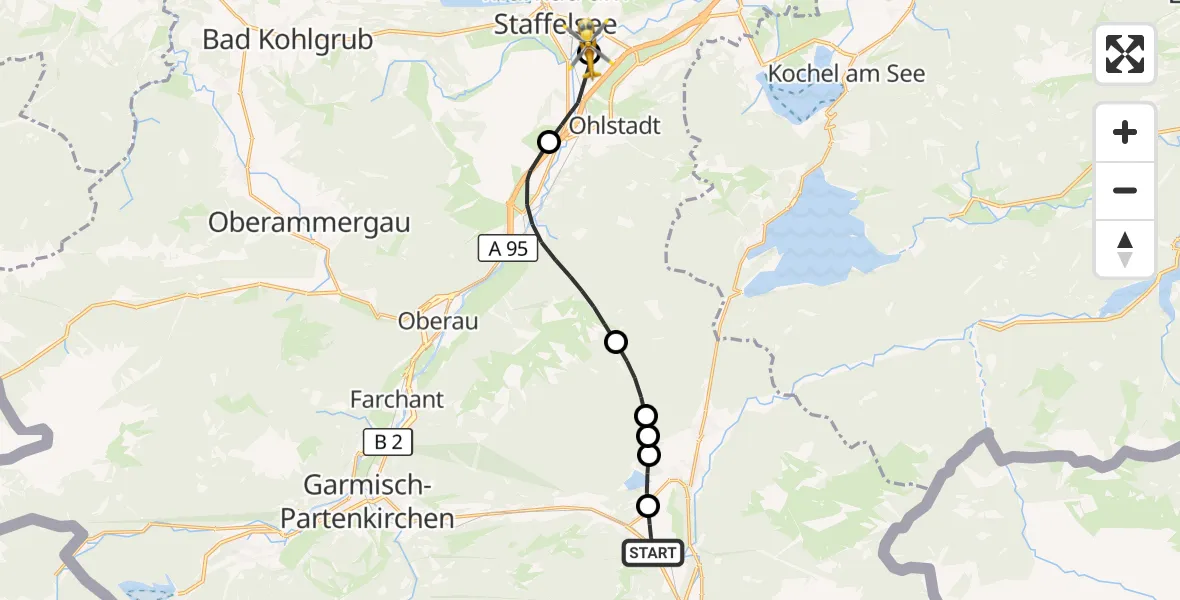 Flugroute Rettungshubschrauber Mittenwald - Murnau a.Staffelsee, 06 September 2026, 19:00