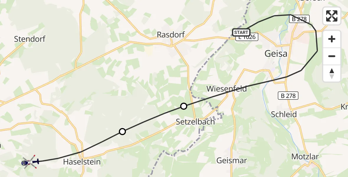 Flugroute Polizeihubschrauber Geisa - Hünfeld, 06 September 2026, 19:14