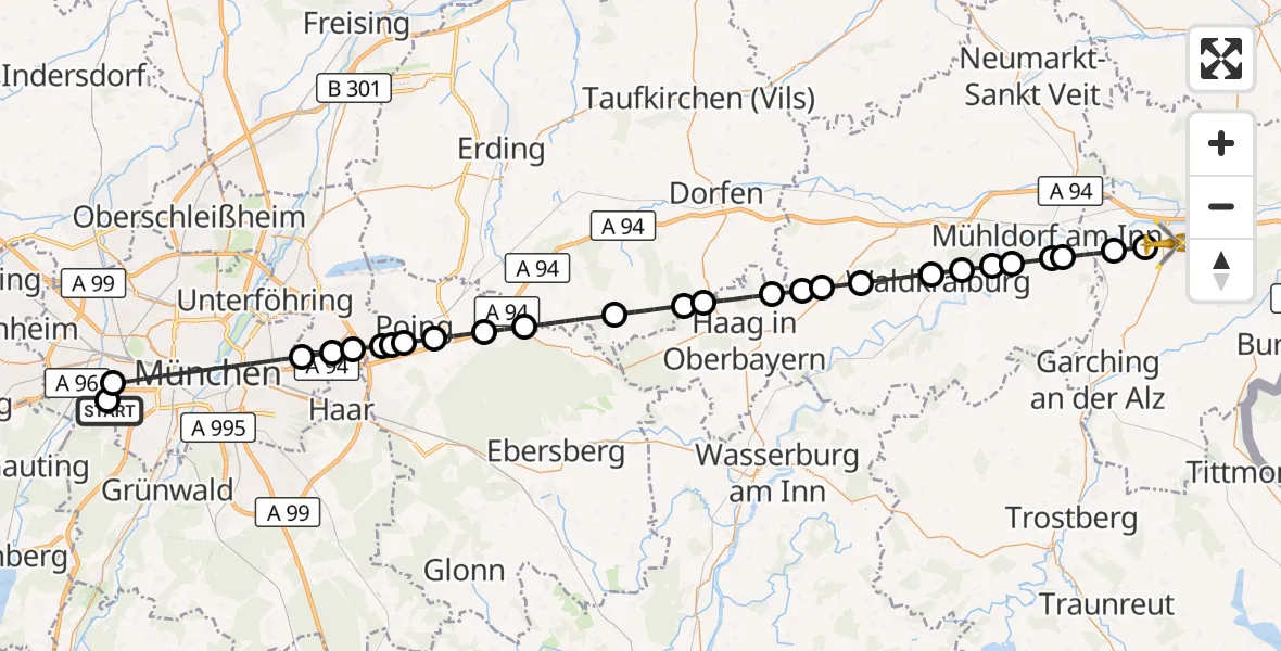 Flugroute Rettungshubschrauber DRF Air Rescue München Hubschrauberlandeplatz - Altötting, 06 September 2026, 19:29