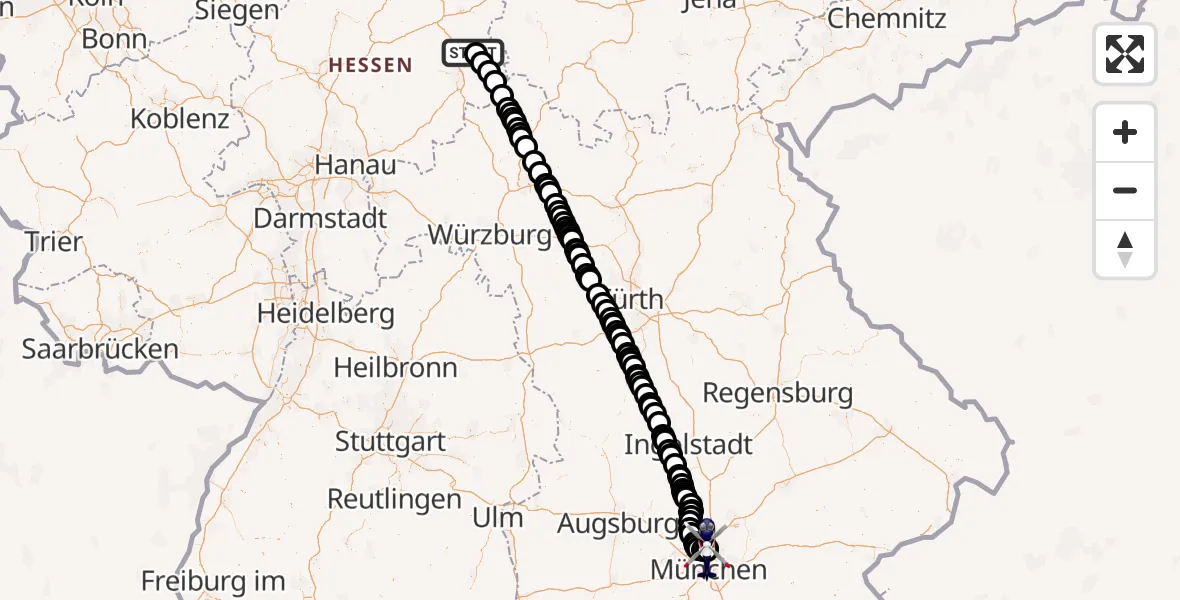 Flugroute Polizeihubschrauber Hünfeld - Oberschleißheim, 06 September 2026, 20:10
