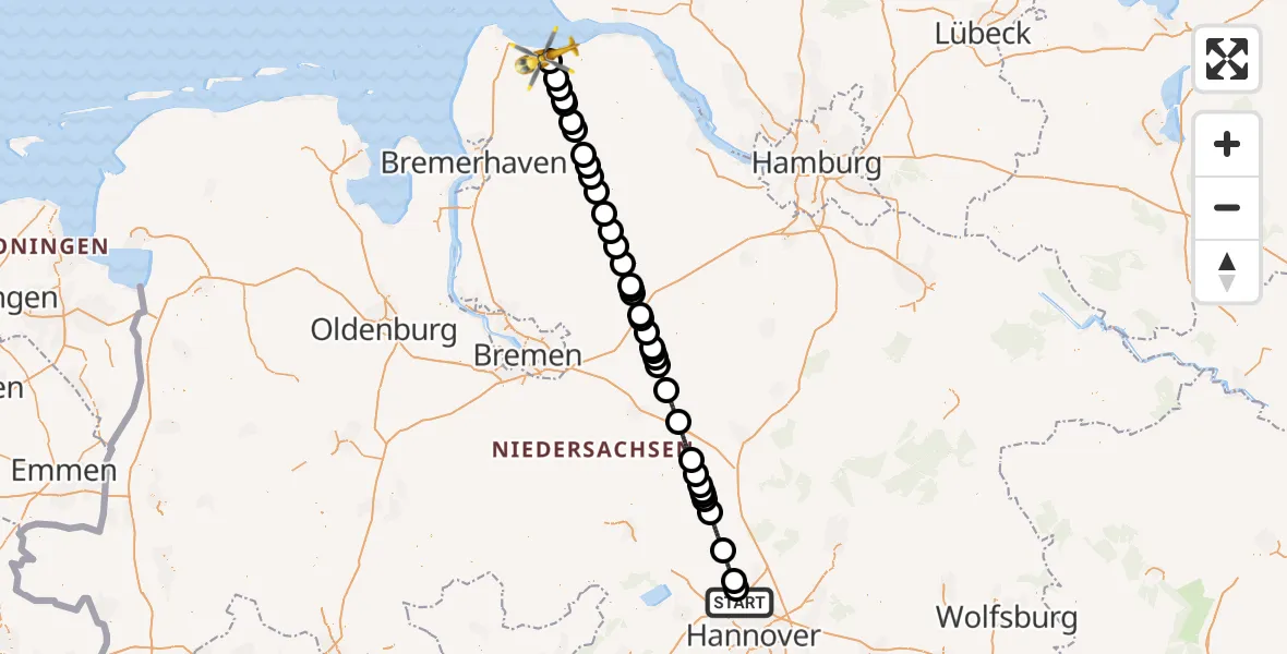 Flugroute Rettungshubschrauber Flughafen Hannover - Otterndorf, 06 September 2026, 20:17