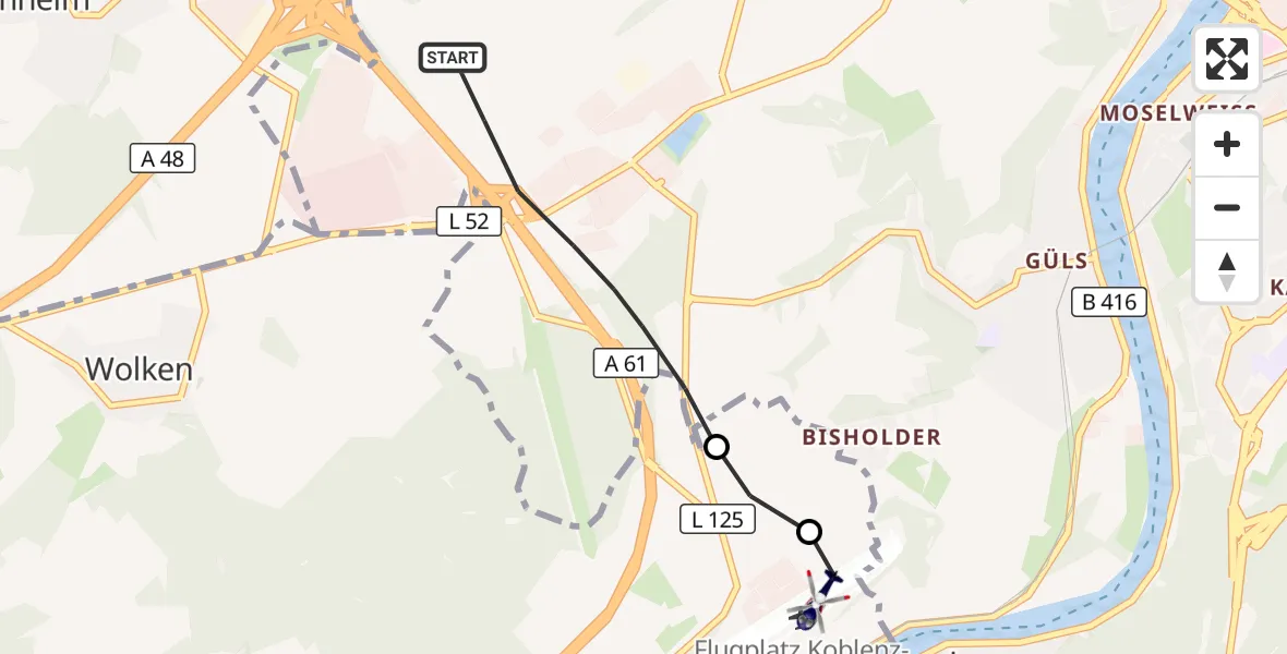 Flugroute Polizeihubschrauber Koblenz - Koblenz-Winningen Flugplatz, 06 September 2026, 20:24