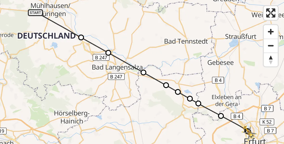 Flugroute Ambulanzhubschrauber Mühlhausen/Thüringen - Helios Clinic Erfurt, 06 September 2026, 21:45