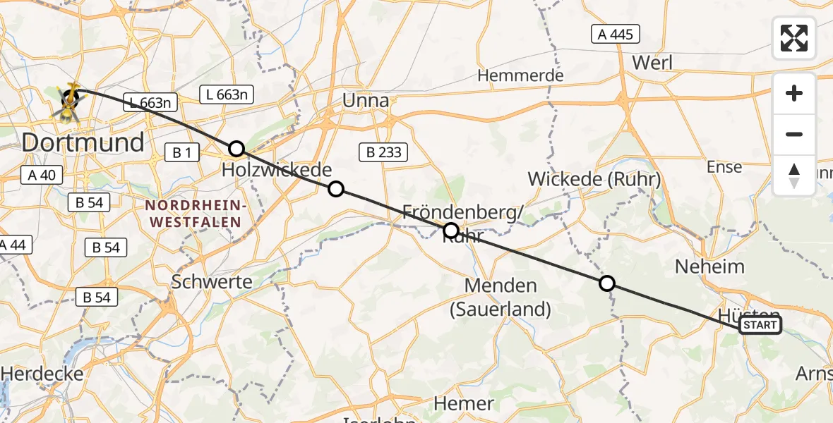 Flugroute Rettungshubschrauber Arnsberg - Dortmund Hospital North, 06 September 2026, 22:16
