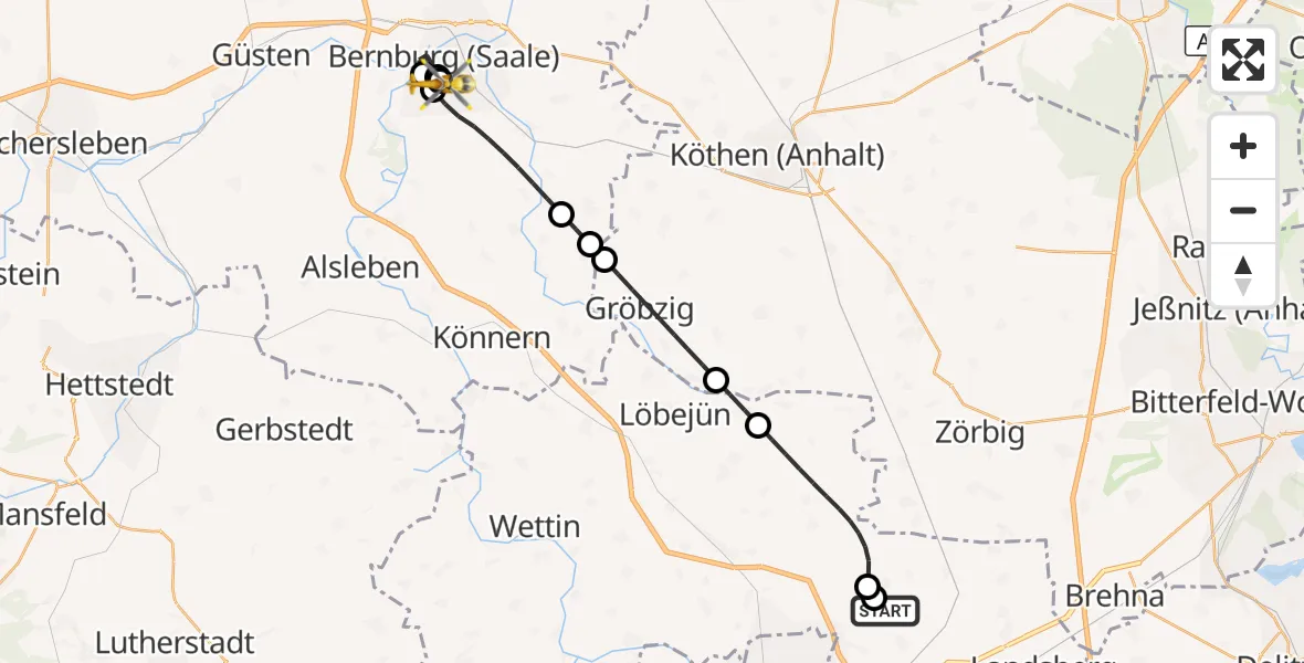 Flugroute Rettungshubschrauber Halle-Oppin Flugplatz - AMEOS Hospital Bernburg, 06 September 2026, 22:47