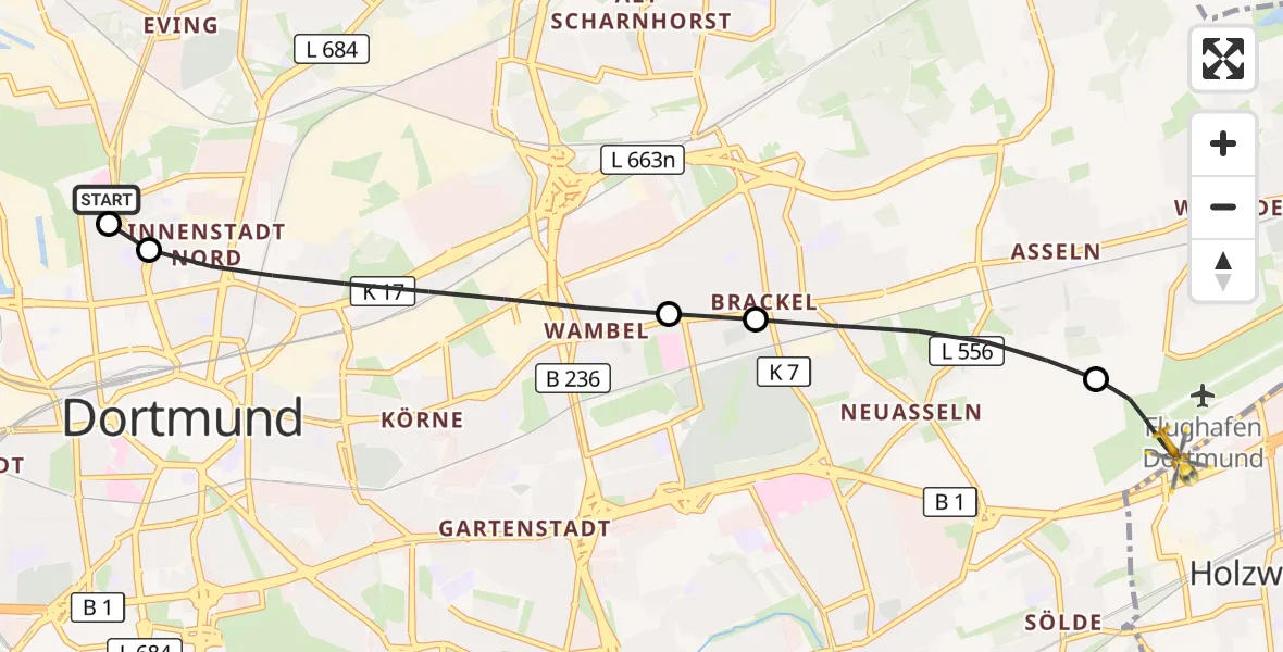 Flugroute Rettungshubschrauber Dortmund Hospital North - Dortmund Flughafen, 06 September 2026, 23:05