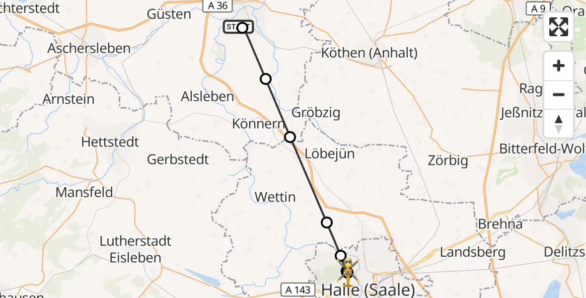 Flugroute Rettungshubschrauber AMEOS Hospital Bernburg - Halle (Saale) University Hospital, 06 September 2026, 23:20