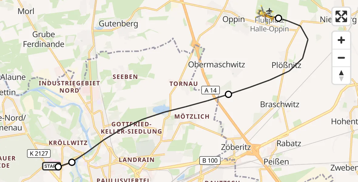 Flugroute Rettungshubschrauber Halle (Saale) University Hospital - Halle-Oppin Flugplatz, 06 September 2026, 23:57