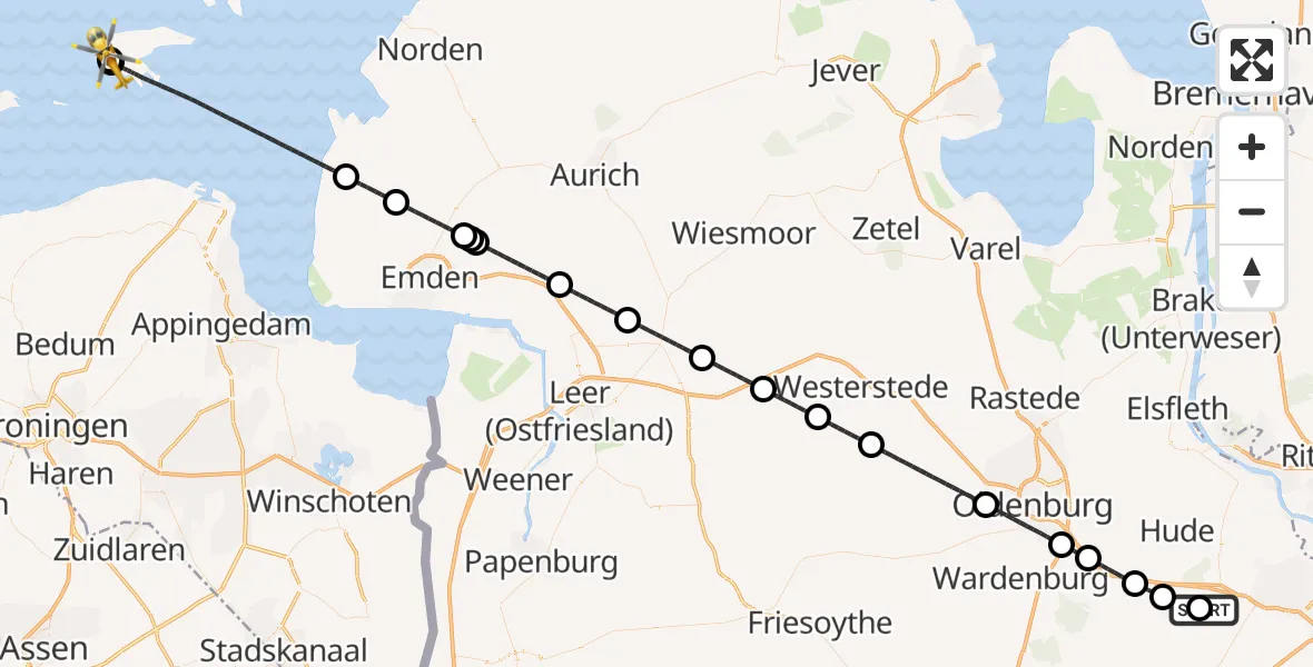 Flugroute Rettungshubschrauber Ganderkesee Atlas Flugplatz - Borkum Island Hospital, 07 September 2026, 00:05