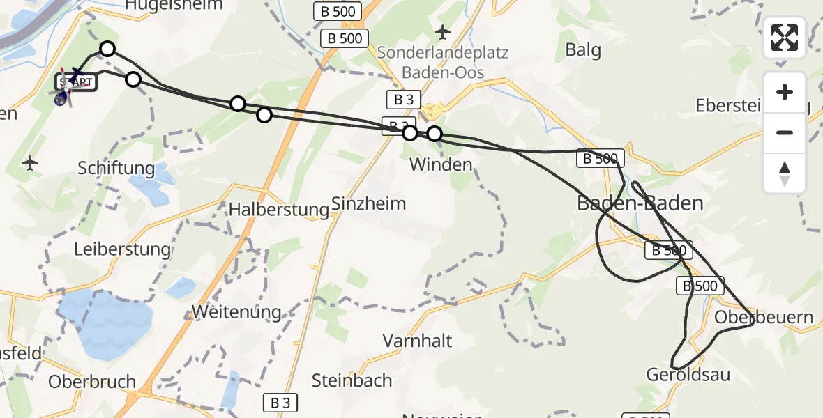 Flugroute Polizeihubschrauber Karlsruhe Baden-Baden Flughafen - Karlsruhe Baden-Baden Flughafen, 07 September 2026, 00:40