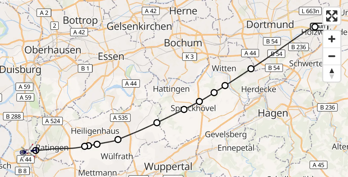 Flugroute Polizeihubschrauber Dortmund Flughafen - Düsseldorf Flughafen, 07 September 2026, 04:35