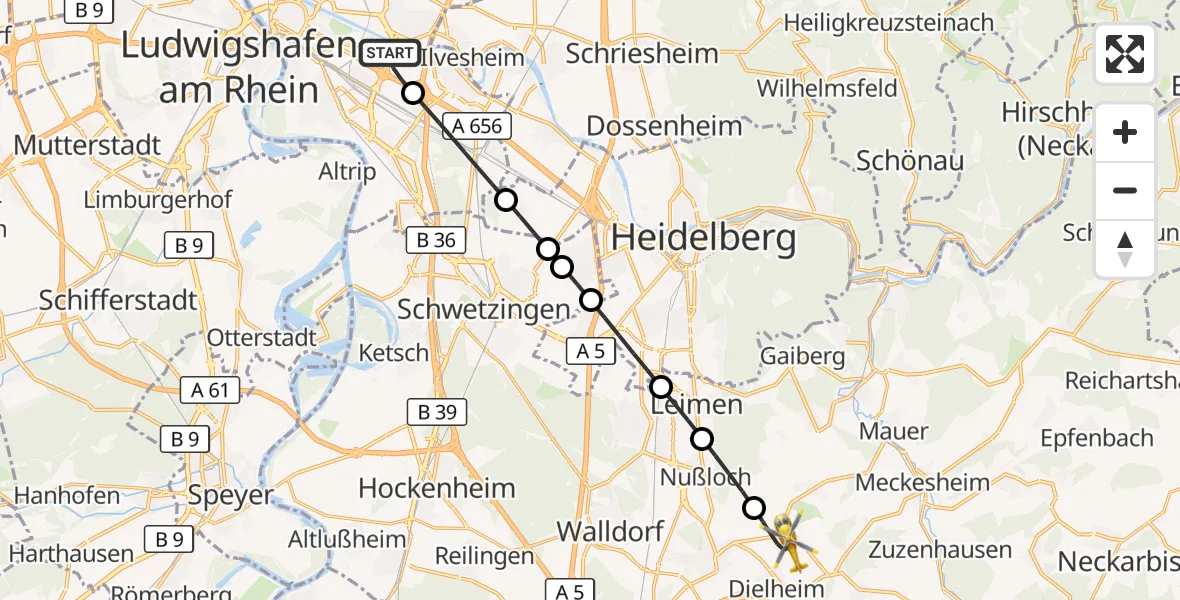 Flugroute Rettungshubschrauber Mannheim-City Flughafen - Wiesloch, 07 September 2026, 04:57