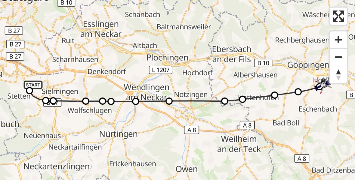 Flugroute Polizeihubschrauber Flughafen Stuttgart - Göppingen, 07 September 2026, 05:00