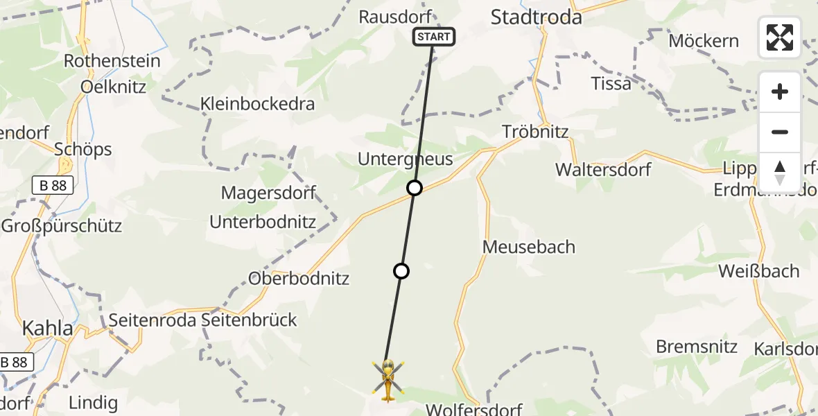 Flugroute Rettungshubschrauber Rausdorf - Trockenborn-Wolfersdorf, 07 September 2026, 05:11