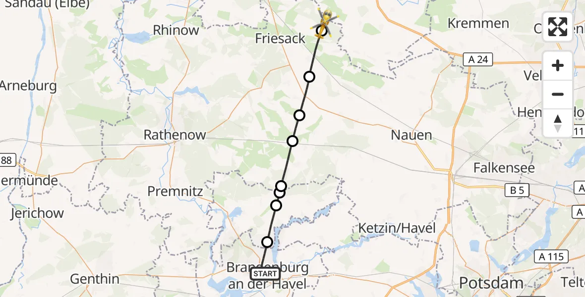 Flugroute Rettungshubschrauber Brandenburg an der Havel - Friesack, 07 September 2026, 05:41