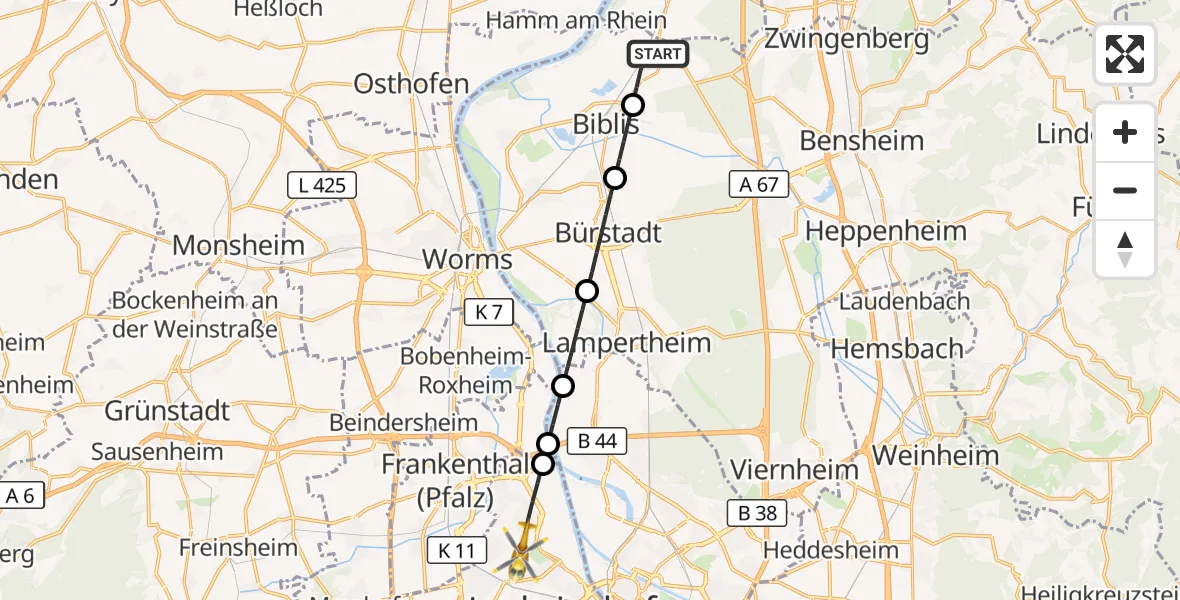 Flugroute Rettungshubschrauber Groß-Rohrheim - Ludwigshafen am Rhein, 07 September 2026, 05:46