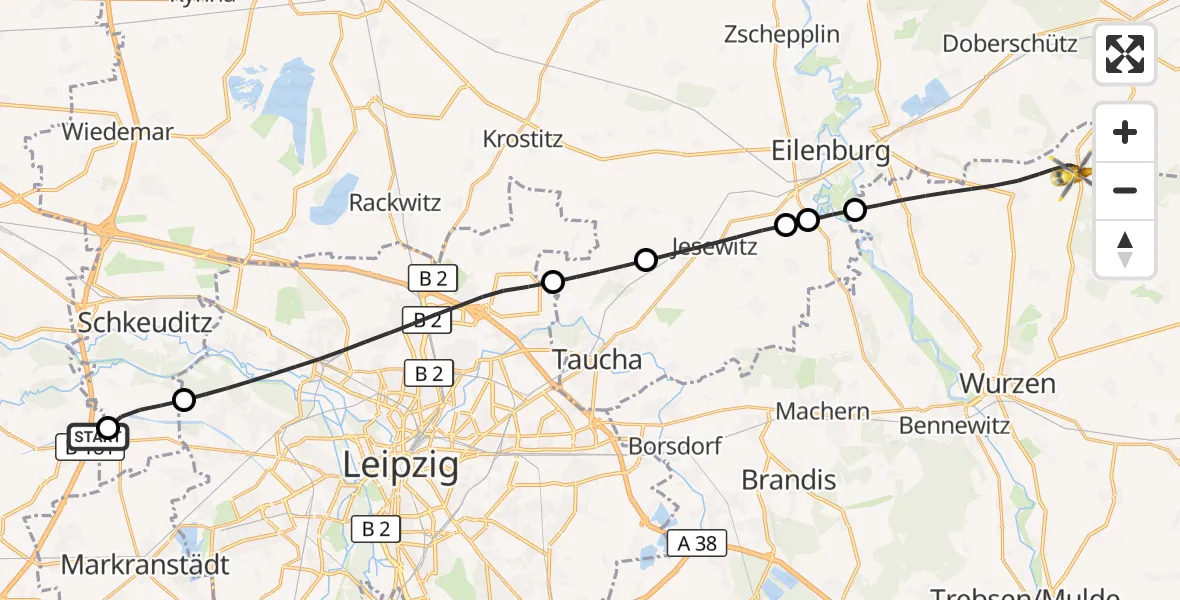 Flugroute Rettungshubschrauber ADAC Air Rescue Station Leipzig/Schkeuditz-Dölzig Hubschrauberlandeplatz (Christoph 61) - Thallwitz, 07 September 2026, 06:01