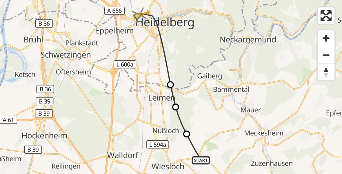 Flugroute Rettungshubschrauber Wiesloch - Heidelberg, 07 September 2026, 06:04