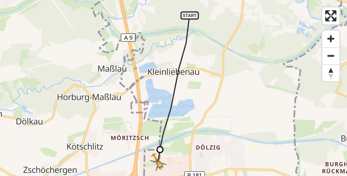 Flugroute Rettungshubschrauber Schkeuditz - ADAC Air Rescue Station Leipzig/Schkeuditz-Dölzig Hubschrauberlandeplatz (Christoph 61), 07 September 2026, 06:09