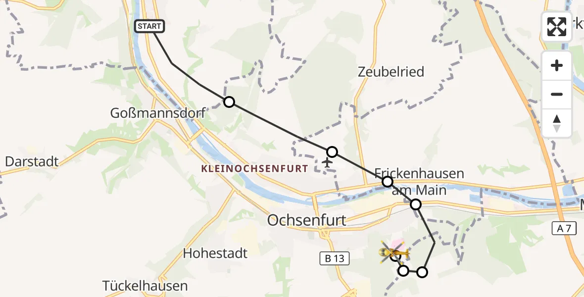 Flugroute Rettungshubschrauber Sommerhausen - Ochsenfurt Hospital, 07 September 2026, 06:19