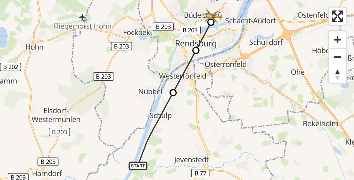 Flugroute Ambulanzhubschrauber Schülp b.Rendsburg - Büdelsdorf, 07 September 2026, 06:27