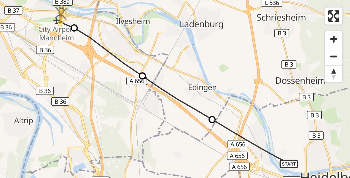 Flugroute Rettungshubschrauber Heidelberg - Mannheim-City Flughafen, 07 September 2026, 06:34