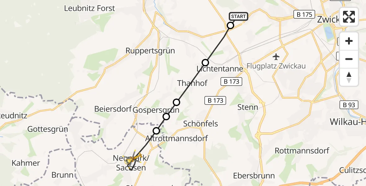 Flugroute Rettungshubschrauber ADAC Air Rescue Station Zwickau Hubschrauberlandeplatz - Neumark, 07 September 2026, 06:34