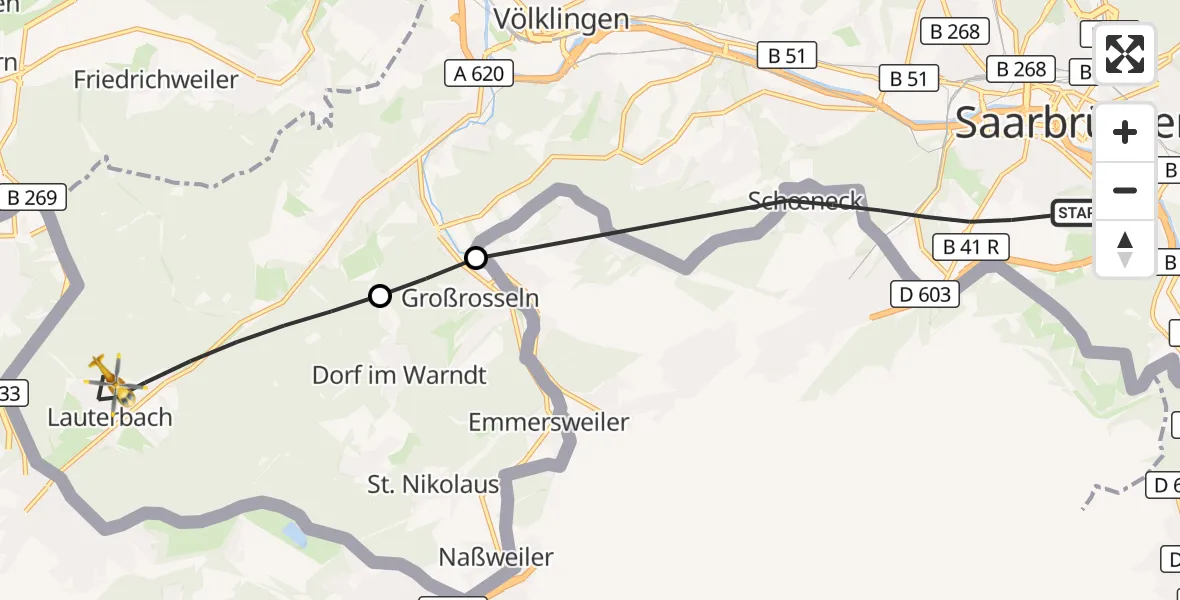 Flugroute Rettungshubschrauber Saarbrücken - Völklingen, 07 September 2026, 06:37