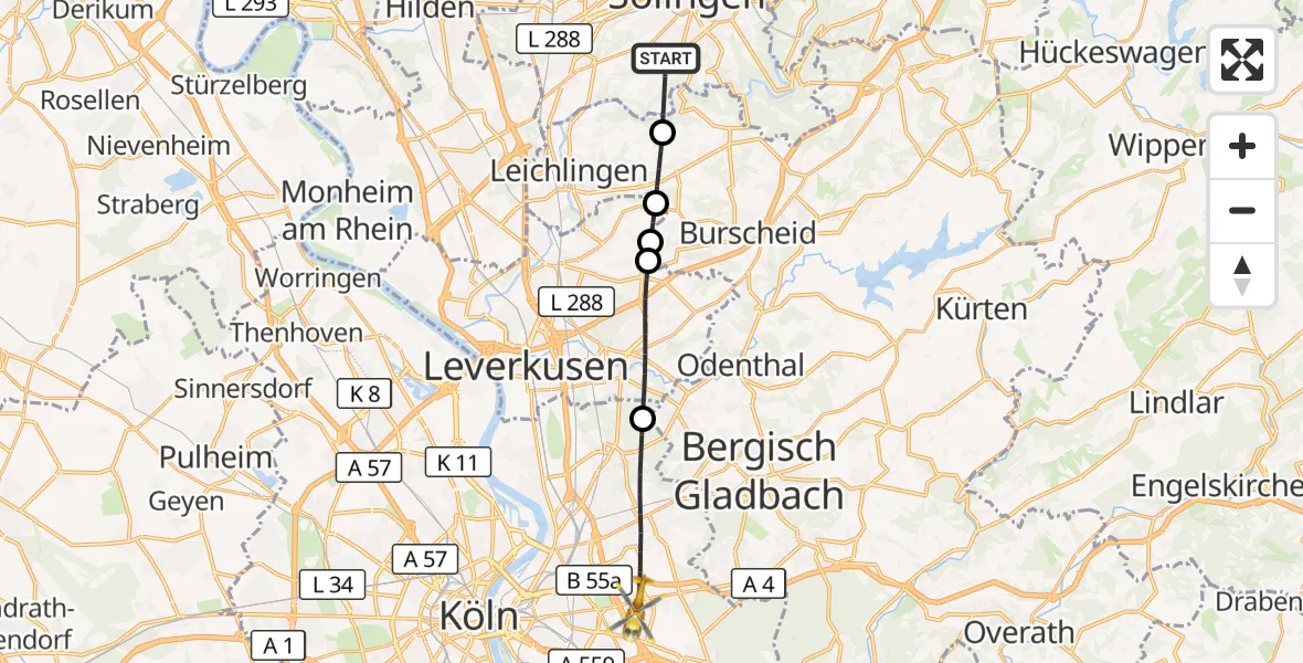 Flugroute Rettungshubschrauber Solingen - Merheim Krankenhaus Hubschrauberlandeplatz, 07 September 2026, 06:41