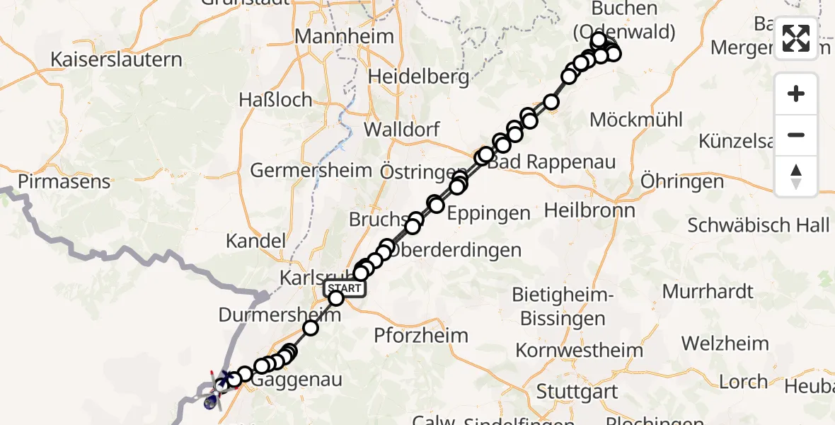 Flugroute Polizeihubschrauber Karlsruhe - Karlsruhe Baden-Baden Flughafen, 07 September 2026, 06:58
