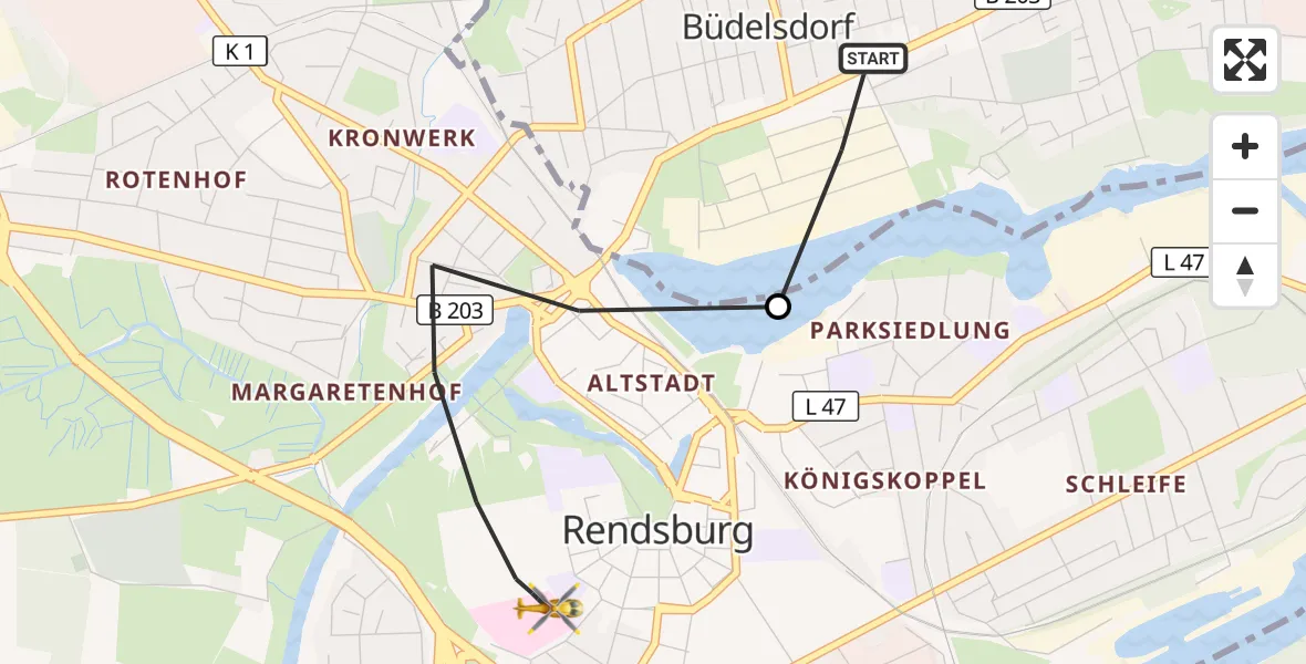 Flugroute Ambulanzhubschrauber Büdelsdorf - Rendsburg, 07 September 2026, 06:58