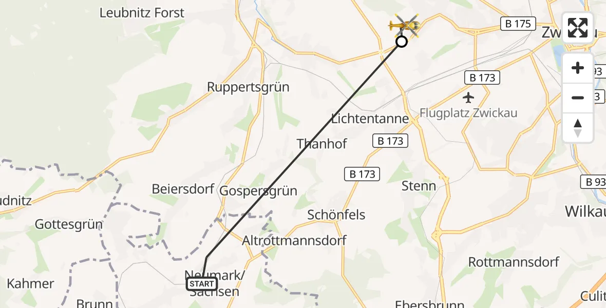 Flugroute Rettungshubschrauber Neumark - ADAC Air Rescue Station Zwickau Hubschrauberlandeplatz, 07 September 2026, 07:12