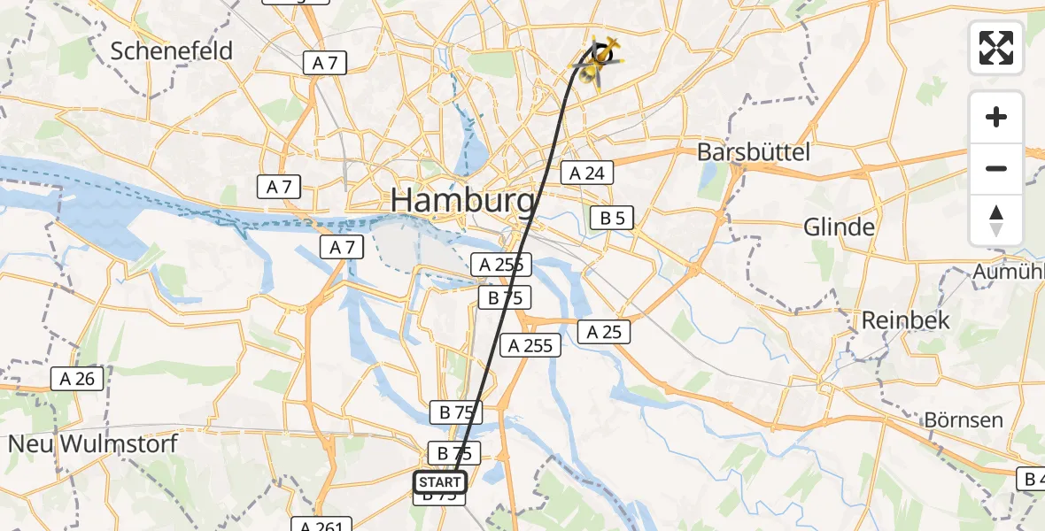Flugroute Rettungshubschrauber Hamburg - Hamburg Military Hospital, 07 September 2026, 07:23