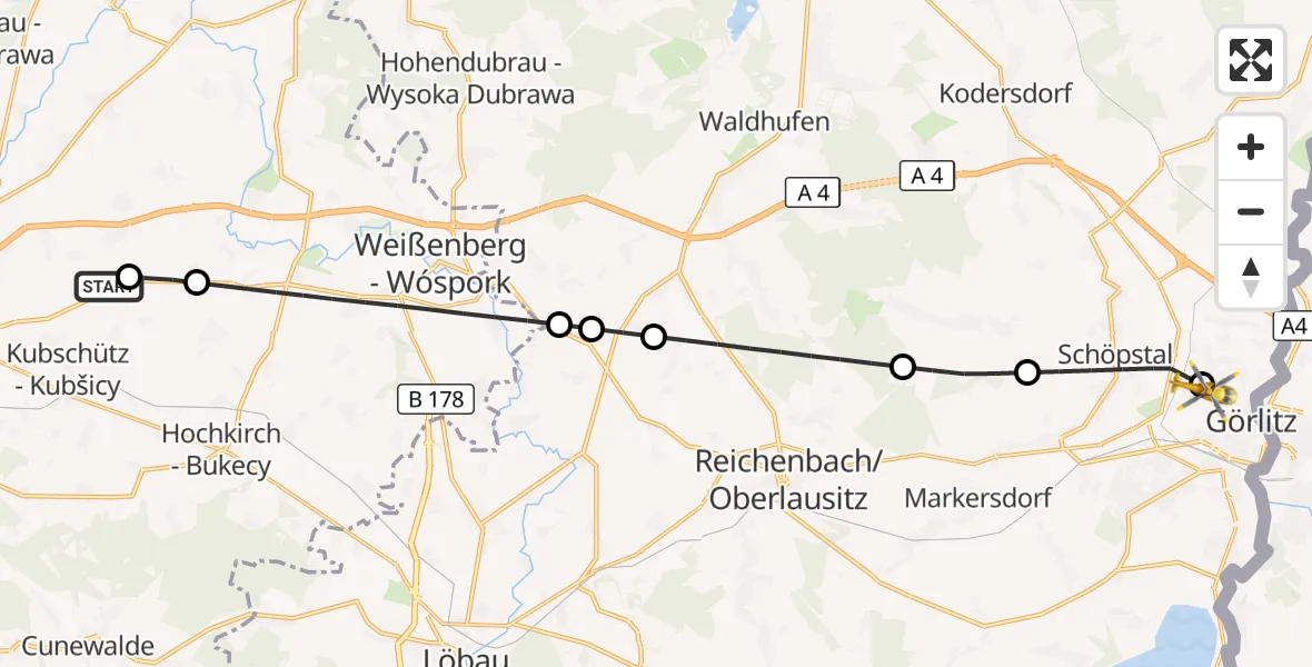 Flugroute Rettungshubschrauber Bautzen Flugplatz - Görlitz Hospital Hubschrauberlandeplatz, 07 September 2026, 07:24