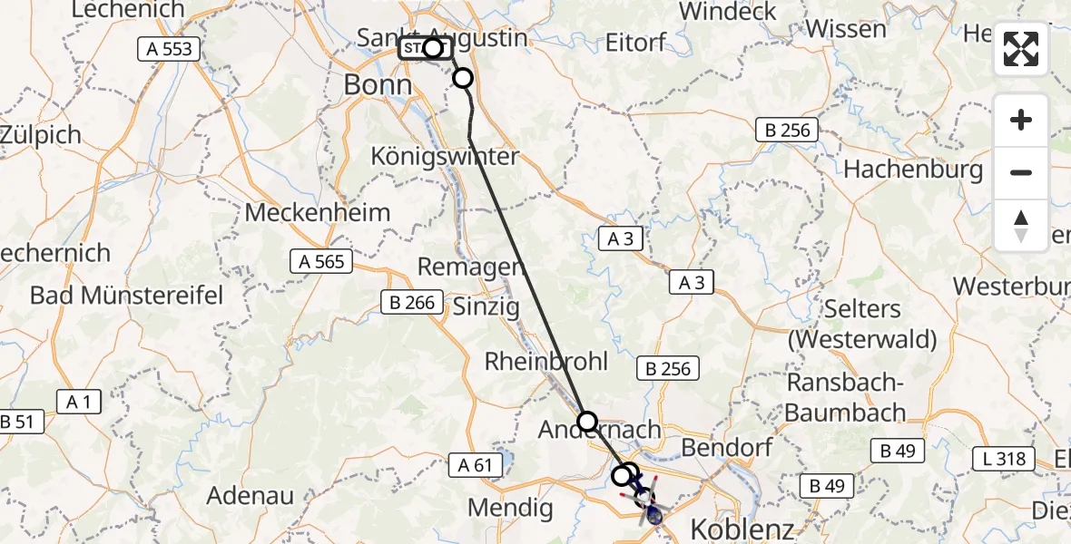 Flugroute Polizeihubschrauber Bonn-Hangelar Flugplatz - Bassenheim, 07 September 2026, 07:39