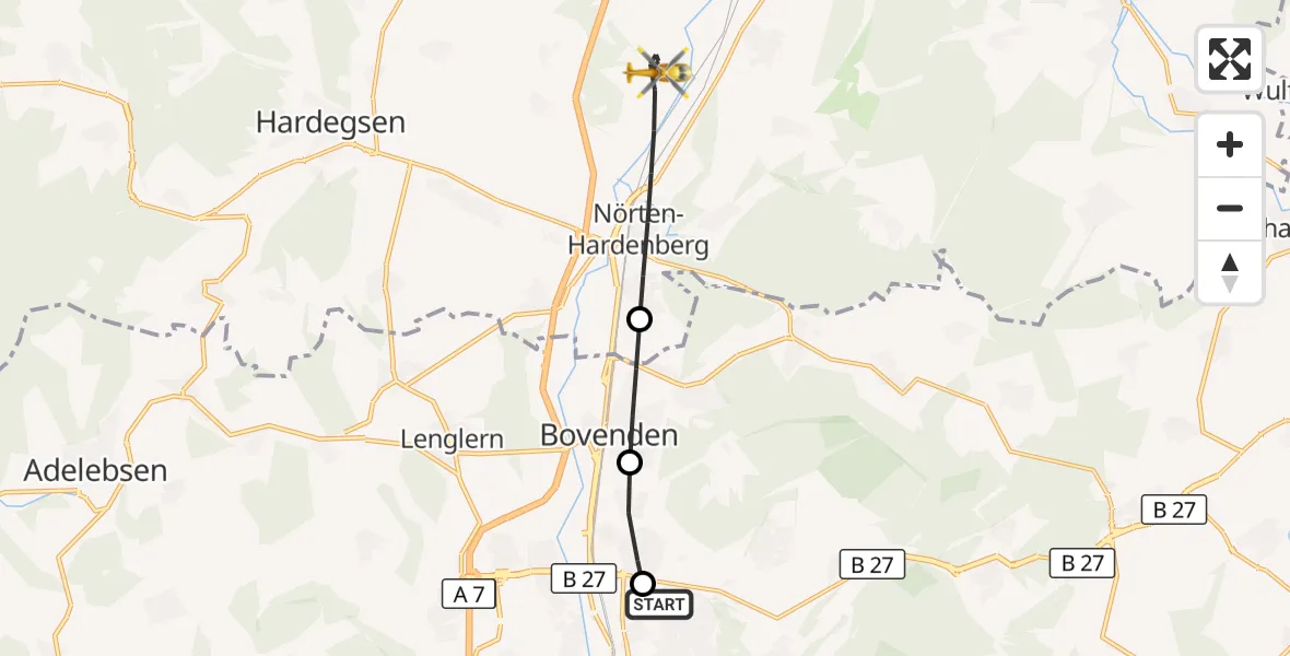 Flugroute Rettungshubschrauber Göttingen University Clinic Hubschrauberlandeplatz - Nörten-Hardenberg, 07 September 2026, 08:08