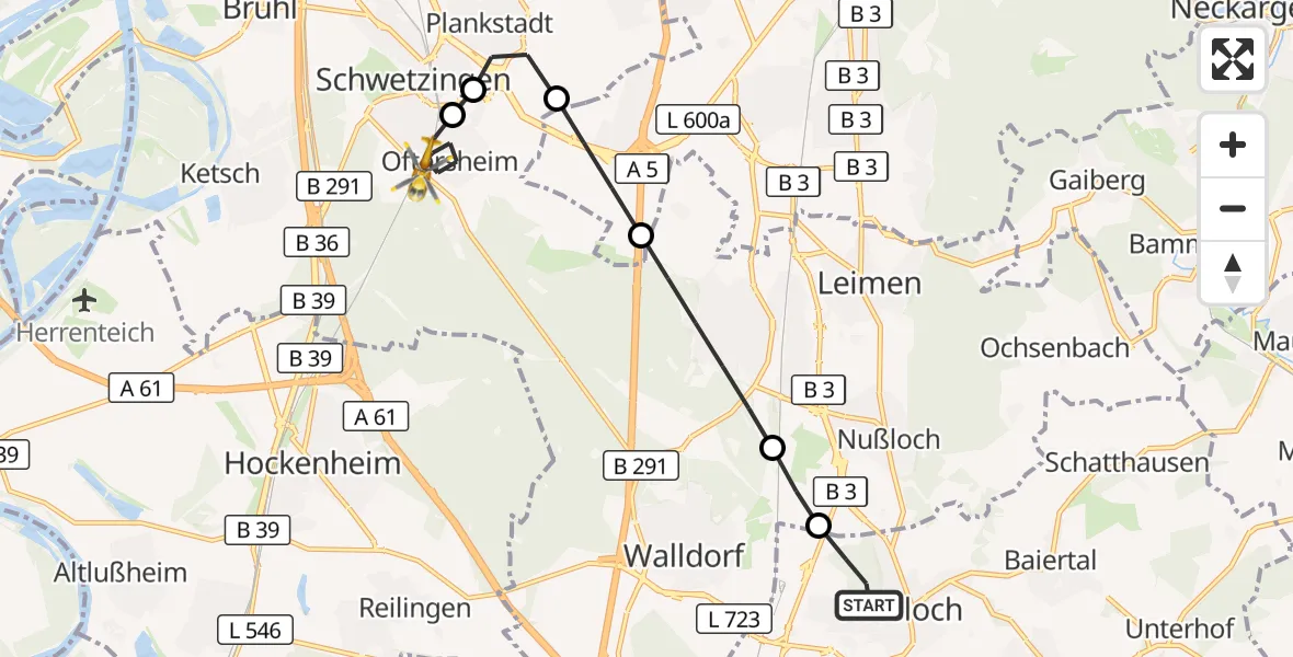 Flugroute Rettungshubschrauber Wiesloch - Oftersheim, 07 September 2026, 08:21