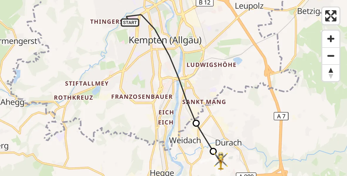 Flugroute Rettungshubschrauber Kempten (Allgäu) - Kempten-Durach Flugplatz, 07 September 2026, 08:28