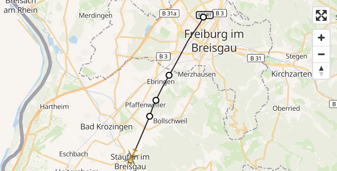 Flugroute Ambulanzhubschrauber Freiburg im Breisgau Flugplatz - Staufen im Breisgau, 07 September 2026, 08:30