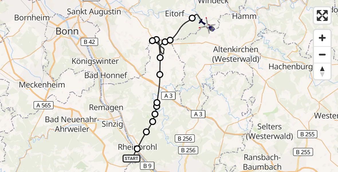 Flugroute Polizeihubschrauber Brohl-Lützing - Windeck, 07 September 2026, 08:44