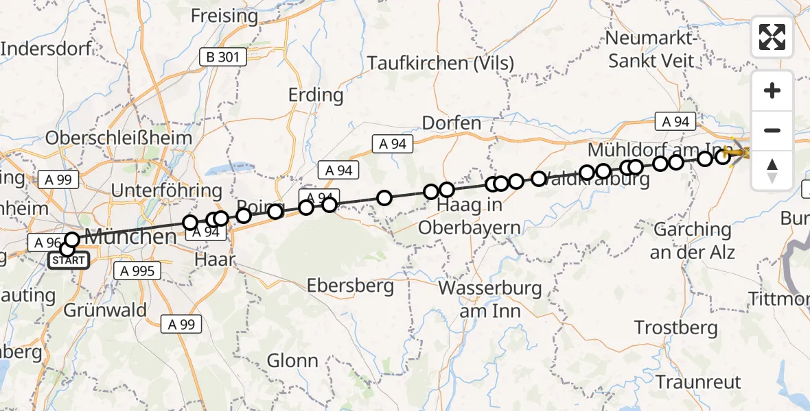 Flugroute Rettungshubschrauber DRF Air Rescue München Hubschrauberlandeplatz - Altötting-Burghausen District Hospital Altötting Hubschrauberlandeplatz, 07 September 2026, 08:45