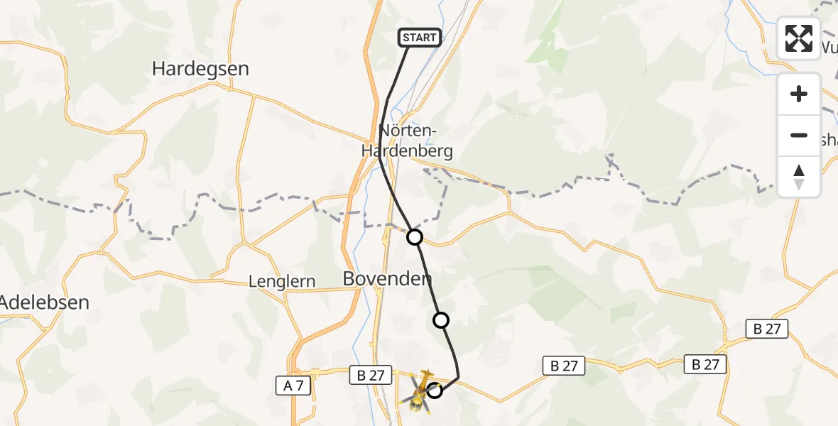 Flugroute Rettungshubschrauber Nörten-Hardenberg - Göttingen University Clinic Hubschrauberlandeplatz, 07 September 2026, 08:46