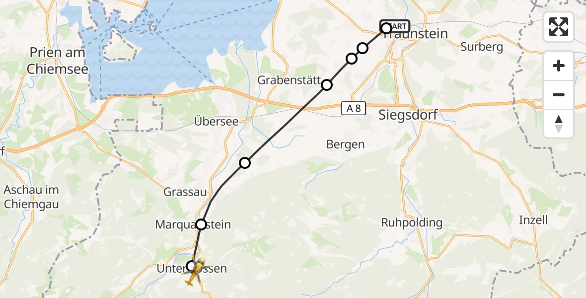 Flugroute Rettungshubschrauber Traunstein Hospital - Unterwössen, 07 September 2026, 08:51