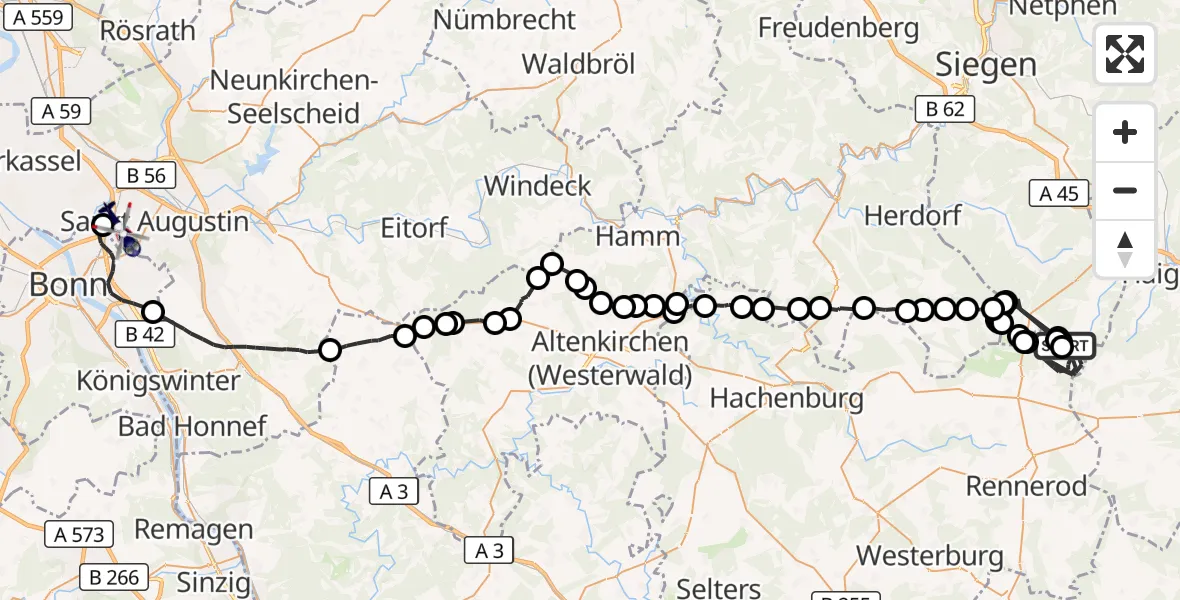 Flugroute Polizeihubschrauber Liebenscheid - Sankt Augustin, 07 September 2026, 08:56